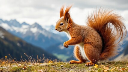 Obraz premium European Red Squirrel Upright Pose in the French Alps