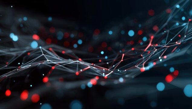 Abstract digital network with red and blue nodes.