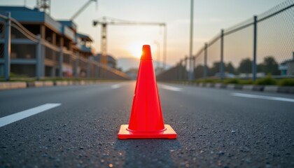 A red traffic cone is on the road