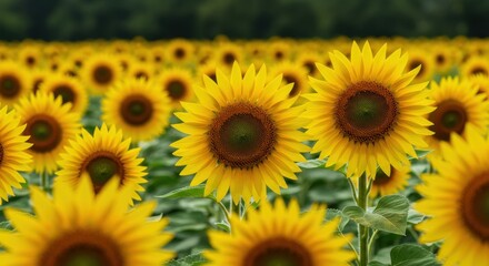 Obraz premium Sunflower field on sunny day. Bright yellow blooms in agriculture. Summer landscape of flowering crops. Helianthus annuus plantation. Renewable energy source and oil production.