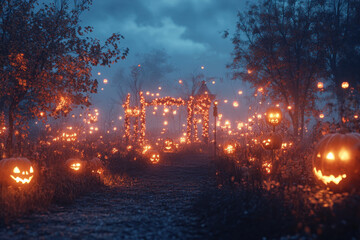 Fototapeta premium Halloween pumpkins illuminated in eerie woods at night, casting a spooky glow among the trees, setting a mysterious atmosphere.