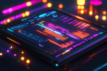 Abstract financial graph and data visualization on a digital tablet screen with glowing neon lights, a business background concept