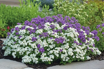 A delicate cluster of white and lavender sweet alyssum flowers in full bloom,