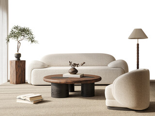 Free PNG wallpaper mockup in Interior Bed Room, Elegant Living Room with Modern Furniture and Neutral Tones 3D rendering