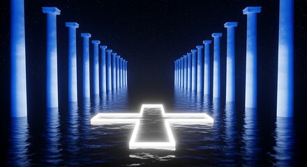 Fototapeta premium Ethereal passage reflected, luminous cross amidst infinite stellar expanse