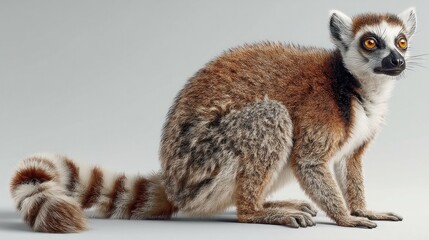 Fototapeta premium Realistic lemur holding tail, white backdrop