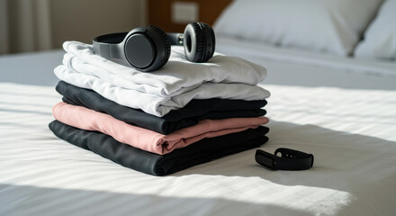 Stacked clothes on bed