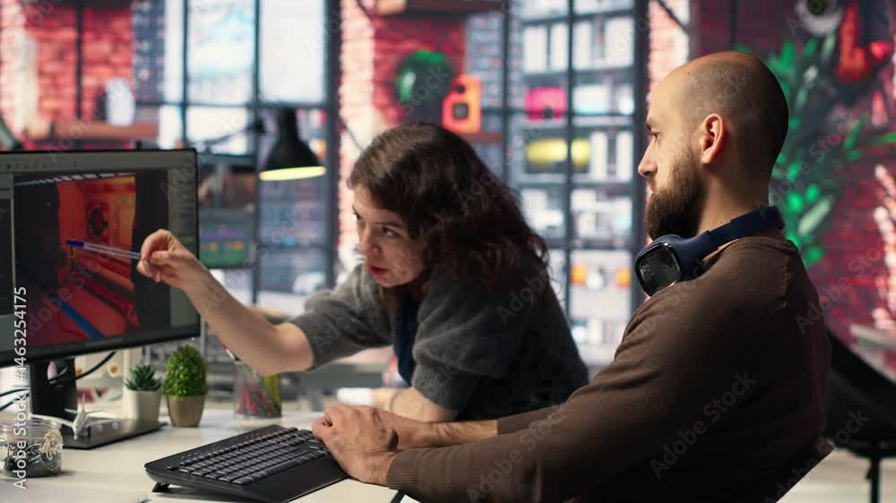 Fototapete Man and woman work with AI generated app to develop a futuristic spaceship station. Neural network powered software uses automation and machine learning to generate game environments. Camera B.