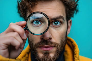 Man with beard and yellow jacket looking through magnifying glass at small details on a textured stone wall, focused and curious.