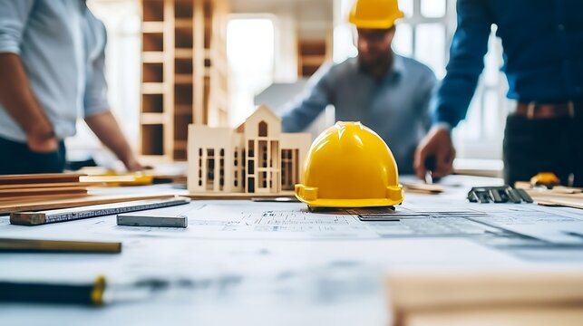 Architects discussing plans with model and tools on the table