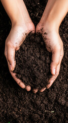 Hands gently holding rich, dark soil, symbolizing growth and nurturing in garden setting