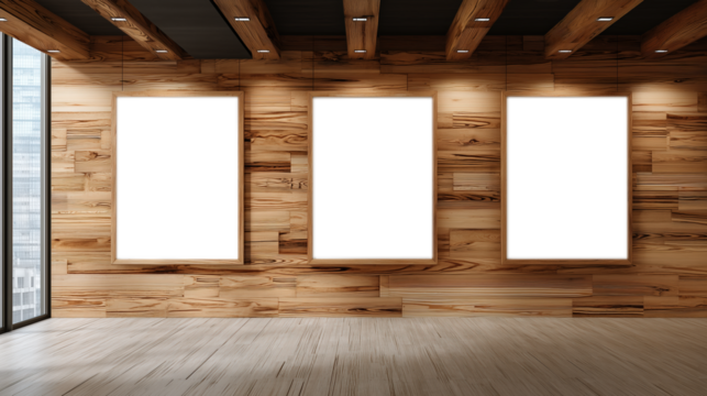 Empty Vertical Picture Frames On A Wooden Wall Mockup
