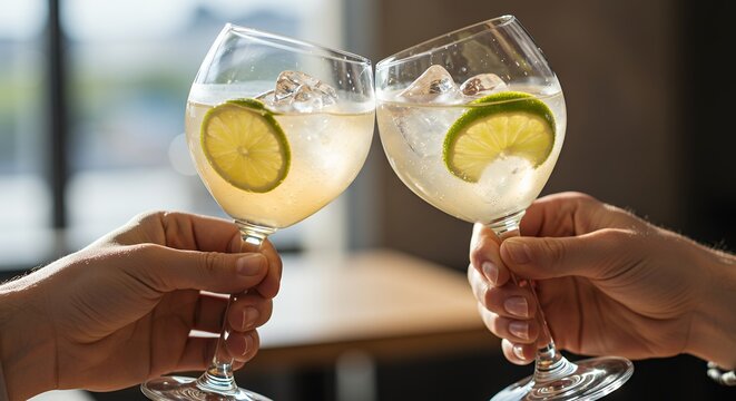 Two hands gently clinking elegant glasses with a refreshing drink, ice, and lime.
