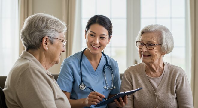 Nurse Meeting Elderly Women For Regular Check Up At Home