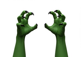 Two green hands with black claws on a white background