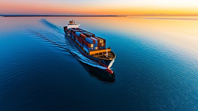 Long exposure effect of a cargo ship moving slowly through calm waters, with motion blur on waves but sharp containers, tranquil atmosphere