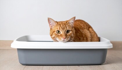 A ginger cat sits inside a litter box, looking curiously at the camera with its bright green eyes