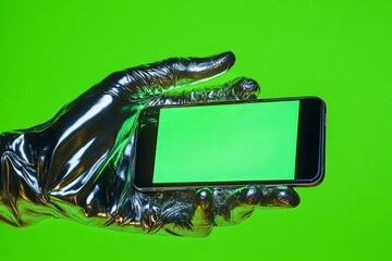 Hand covered in shiny black material holds a smartphone with a green screen against a bright green background