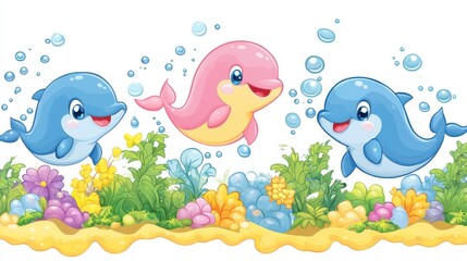 Playful Cartoon Dolphins Swimming Among Colorful Coral and Bubbles in an Underwater Scene