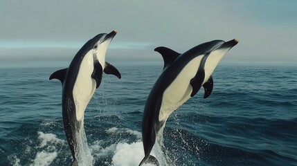 Two Dolphins Jumping Playfully Above the Ocean Waves in a Clear Blue Sky