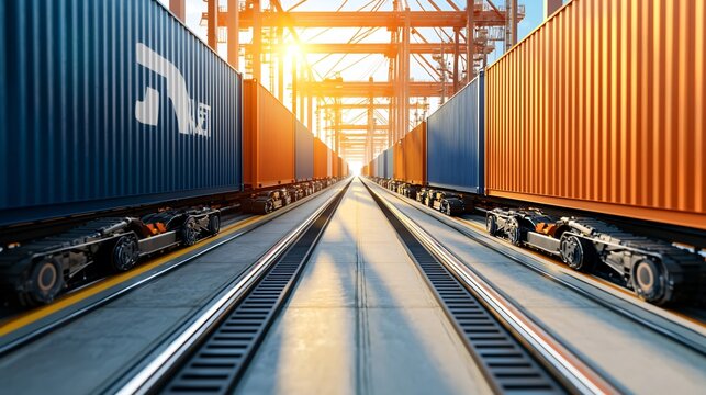 Highly detailed shipping lane with tracked transport containers on both sides, daylight casting sharp lines, modern logistics operation zone with seamless design