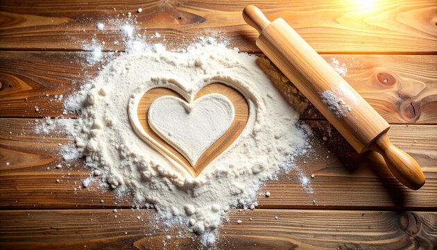 A heart shape formed in flour on a wooden surface, accompanied by a rolling pin, evokes warmth and love for baking