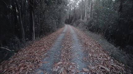 Serene Pathway in Dense Forest Surrounded by Autumn Leaves on a Tranquil Rural Road