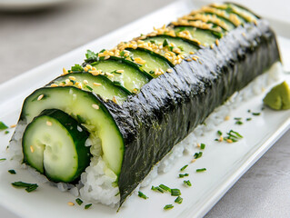Sushi roll with cucumber and avocado on a white plate, close-up, isolated background