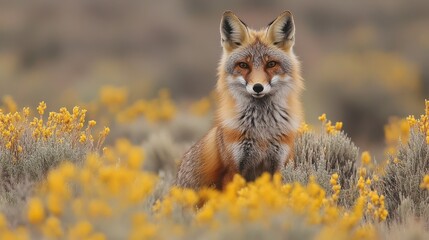 Fox in a Field of Yellow Flowers During Golden Hour at Nature's Serene Landscape
