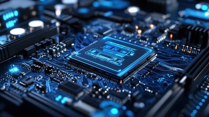 Close-up of a modern microchip on a circuit board with glowing elements