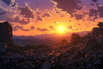 Wild Beauty: Expanse of Rugged Rock Formations Against a Fiery Sunset Horizon