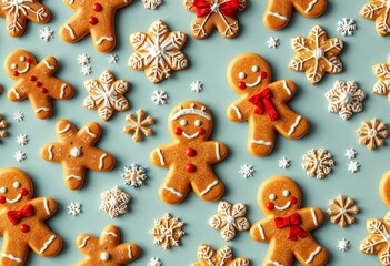 Seamless winter Christmas pattern featuring gingerbread figures and snowflake cookies, texture, element