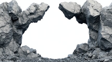 Rock Formation with Distinct Gaps and Textured Surfaces in a Light Background