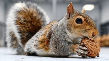 Obraz premium Squirrel holding nut, white floor