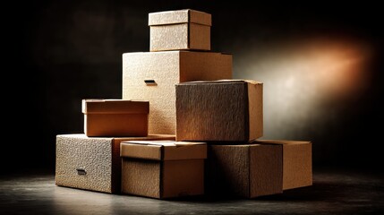 Stack of recycled cardboard boxes in minimal lighting
