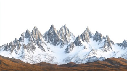 Majestic Snow-Capped Mountain Range with Rocky Terrain on a Clear White Background