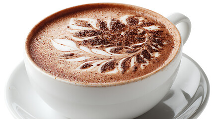 A beautifully crafted latte with intricate leaf patterns served in a white cup on a saucer