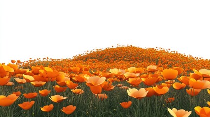 Vibrant Orange Poppies Blooming in a Rolling Landscape with Clear Sky Background