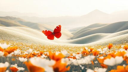 Vibrant Butterfly Over Colorful Flower Field in Soft Morning Light on Scenic Hills
