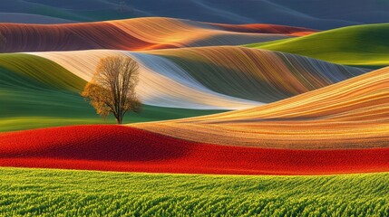 Vibrant Landscape with Rolling Hills and a Single Tree Amidst Colorful Fields of Flowers