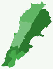 Map of Lebanon with regions. Just a simple country border map with region division. Green color palette. Blank Lebanese Republic shape with administrative division. Vector illustration.