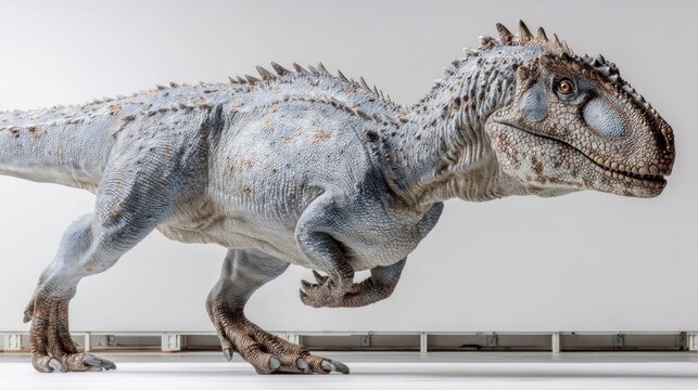 White backdrop with walking Carnotaurus