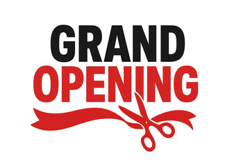 Grand opening logo featuring elegant golden "Grand Opening" text with decorative elements and ribbon, isolated on transparent background.