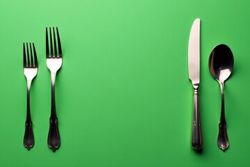 Elegant green backdrop, polished flatware set, macro, olive, sophisticated