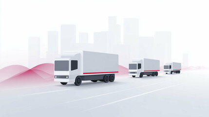 3D illustration of delivery trucks driving on a road with a city skyline in the background, showcasing logistics and transportation in a modern urban environment
