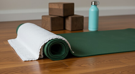 Yoga mat and accessories on wooden floor