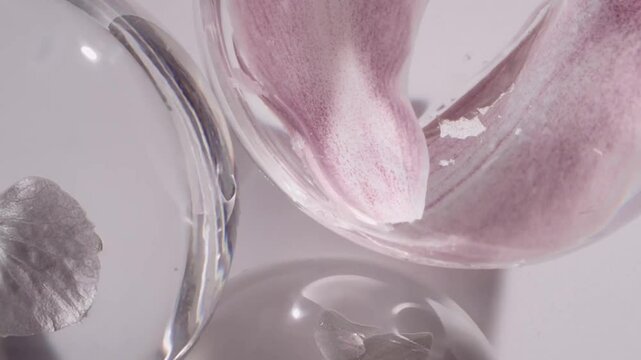 Pink essence is extracted from flower petals, plant skin care, moisturizing skin cells, instant cell hydration, skin brightening, concept skin care beauty solution. Cosmetics advertising, 3D animation