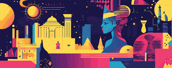 Obraz premium Colorful abstract art depicting egypt with pyramids and statue in modern style.