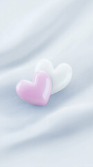 Fototapeta premium Two glossy heart-shaped objects, one pink and one white, resting on a soft, flowing fabric surface, creating a romantic and gentle atmosphere for design purposes