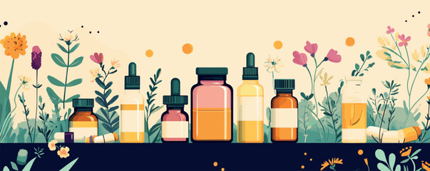 Collection of labeled bottles with natural ingredients and flowers.